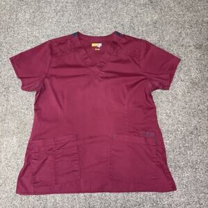 Wonder Wink Flex Womens Medium Burgundy V-Neck Pockets Scrub Shirt Top
